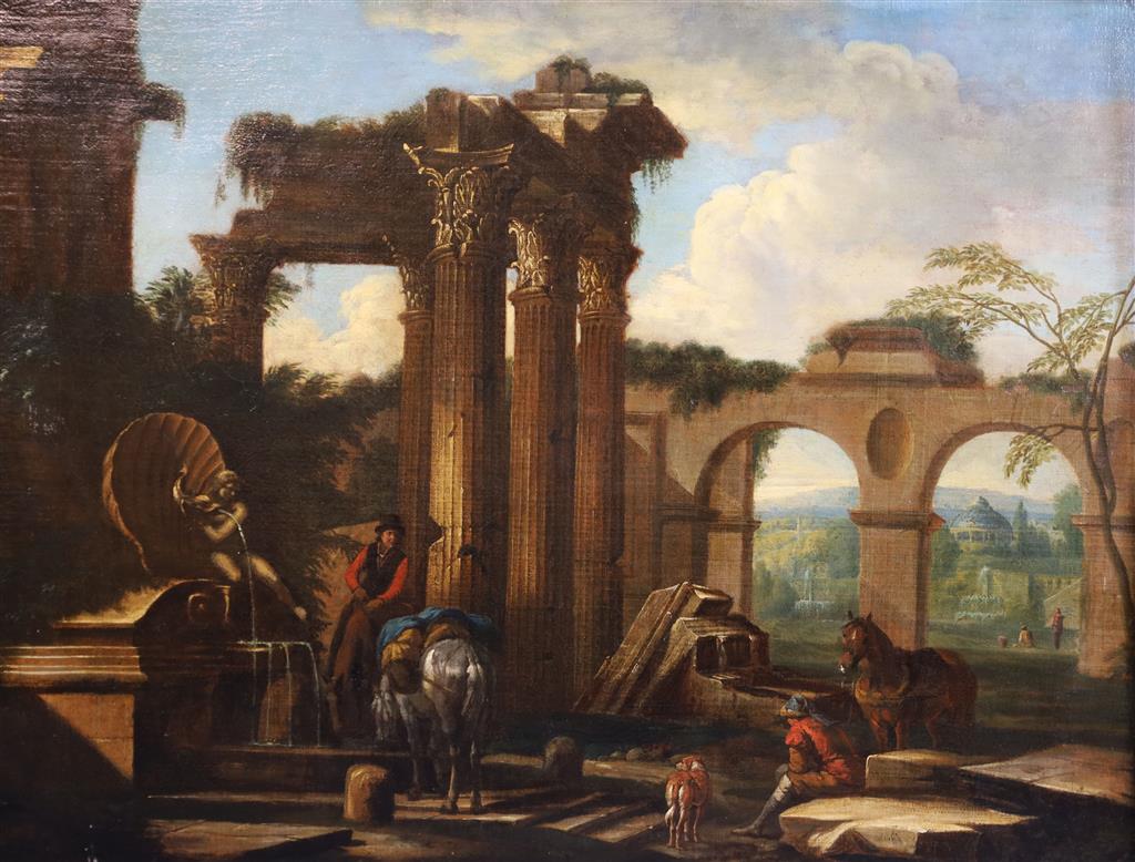 Manner of Giuseppe Zocchi (Italian, 1711-1767) Travellers resting beside a fountain amongst Roman ruins 24 x 30.5in.